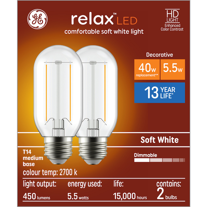 GE Lighting 40W Medium Base LED Bulb T14 Soft White, 2-Pack