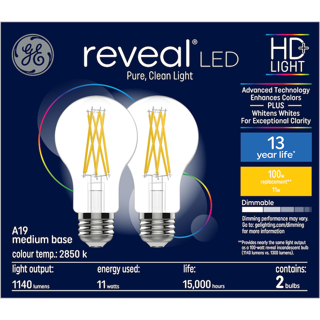 GE Lighting 100W A19 Clear LED Bulb, 2-Pack