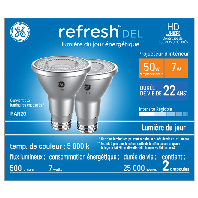 Ampoule DEL 50W PAR20 GE Lighting, paquet de 2