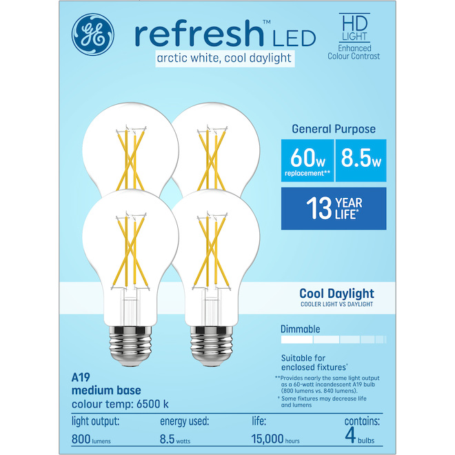 GE Lighting A19 60W Medium Base LED Bulb, 4-Pack