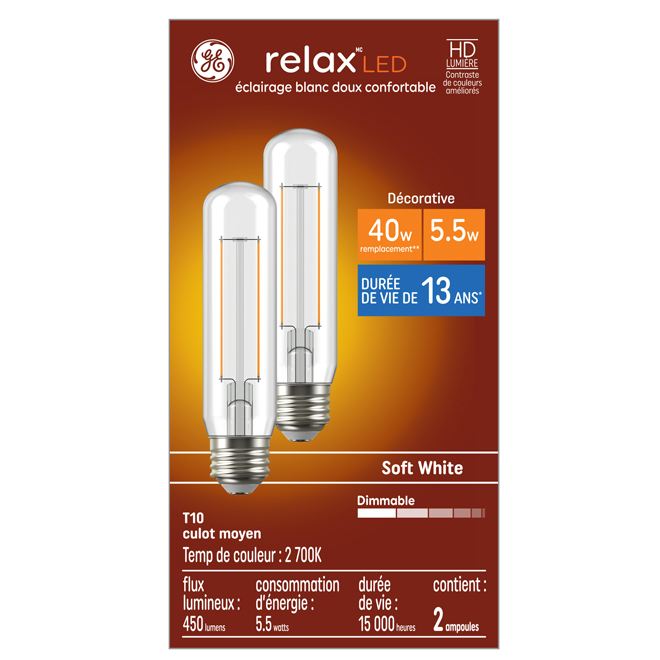 Ampoule DEL T10 40 W à culot moyen GE Lighting, paquet de 2