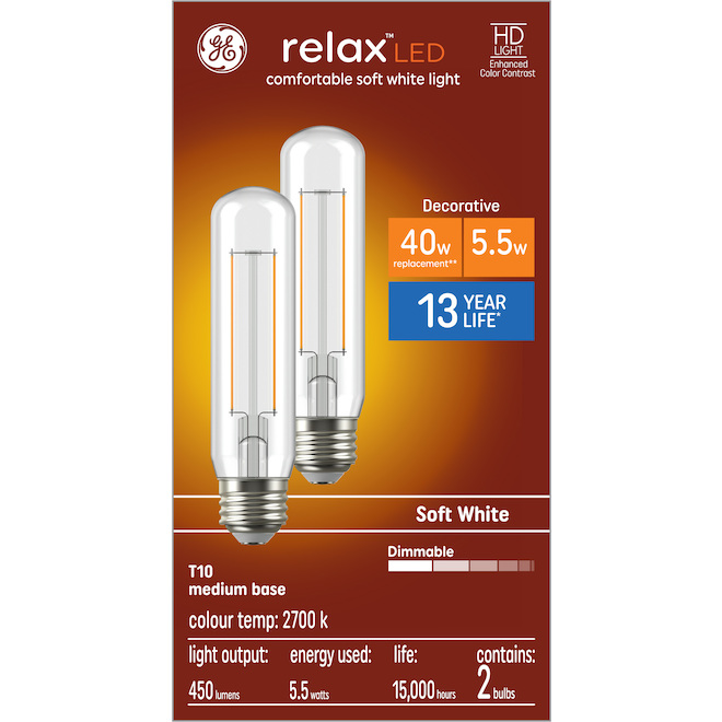 GE Lighting Medium Base T10 40W LED Bulb, 2-Pack