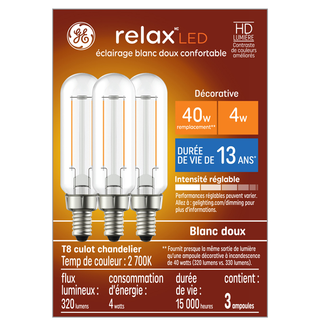 Ampoule DEL blanc opale 40W T8 GE Lighting, paquet de 3