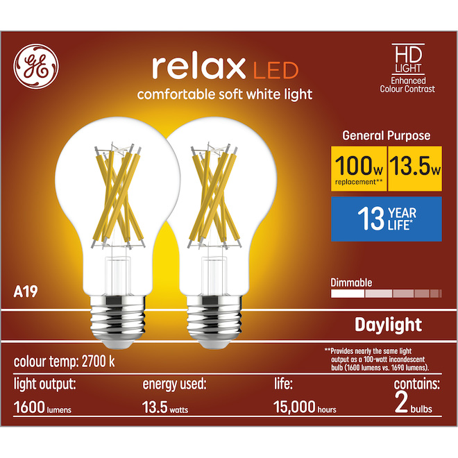 GE Lighting Dimmable A19 100W LED Bulb, 2-Pack