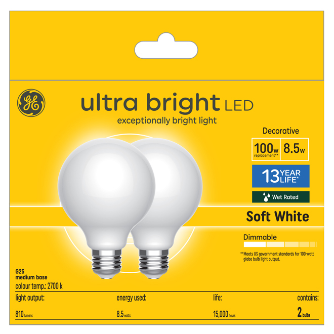 GE Lighting Soft White 100W G25 LED Bulb, 2-Pack