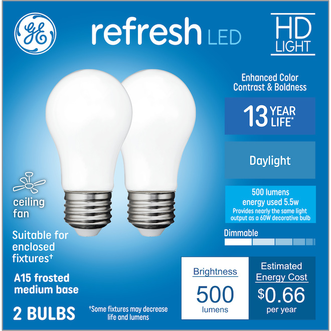 GE Lighting A15 60W Daylight LED Bulb, 2-Pack