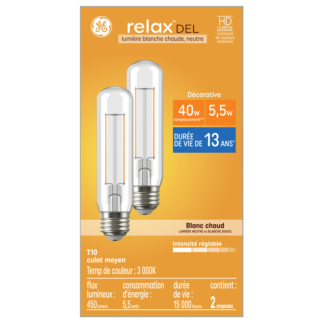 Ampoule DEL blanc chaud T10 à intensité réglable 40W GE Lighting, paquet de 2