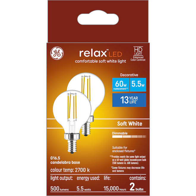 GE Lighting 60W RLX Warm White LED Bulb, 2-Pack