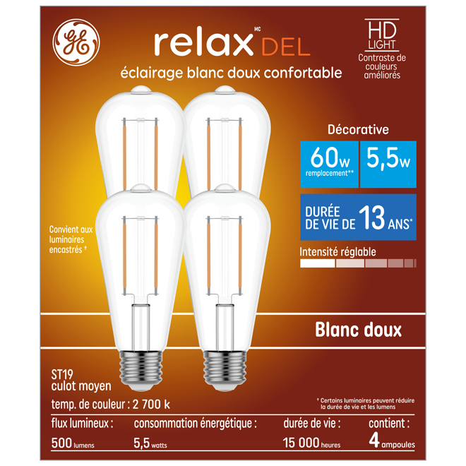 Ampoule DEL Relax ST19 60W EQ blanc doux par GE Lighting, 4/pqt