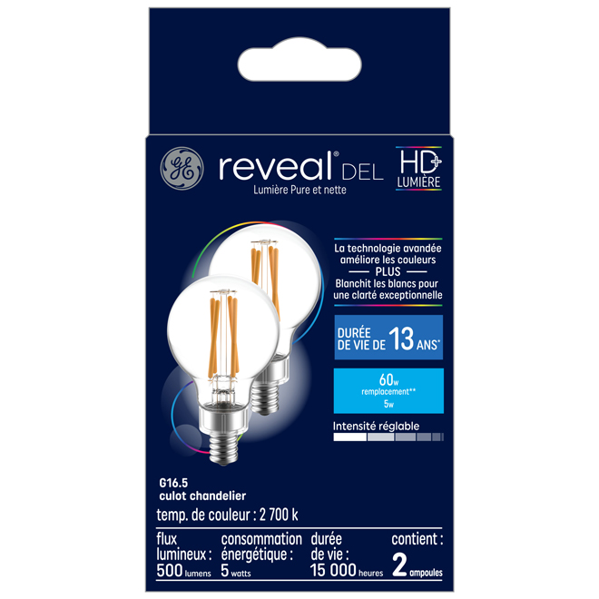 Ampoule DEL Reveal G16.5 décorative claire de 60W EQ à petit culot par GE Lighting, 2/pqt