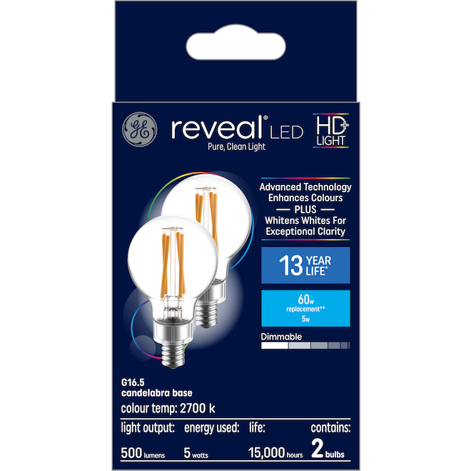 GE Lighting Reveal 60W EQ G16.5 Decorative Clear LED Bulb - Candelabra Base - 2-Pack