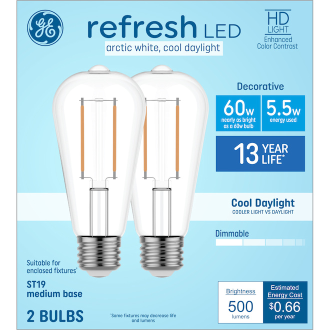 GE Lighting Refresh HD 60W ST19 Medium Base LED Light Bulb - 2-Pack