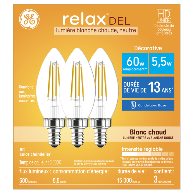 Ampoule DEL Relax HD 60W B11 blanc chaud par GE Lighting, paquet de 3