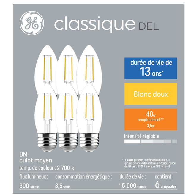 Ampoule DEL Classique 40W E26 blanc doux par GE Lighting, paquet de 6