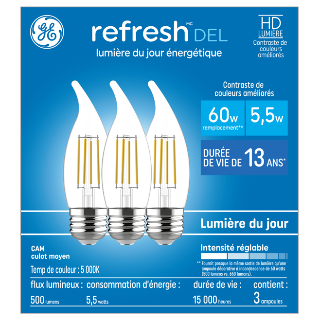 Ampoule DEL Refresh HD 60W CA12 à culot moyen et pointe courbée par GE Lighting, 5000K, paquet de 3