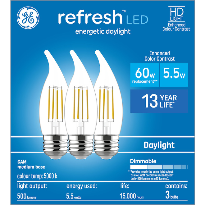 GE Lighting Refresh HD 60W CA12 Medium Base and Bent Tip LED Bulb Light - 5000K - 3-Pack