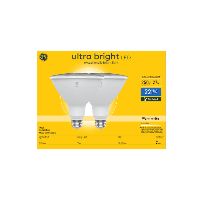 GE Ultra Bright 250W EQ LED PAR38 Dimmable Flood Light Bulb - 5000K - 2-Pack