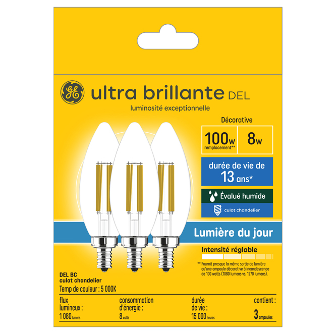 Ampoule décorative DEL GE Ultra Brillante 100W EQ E12 transparente à intensité variable, 5000K, 3/pqt