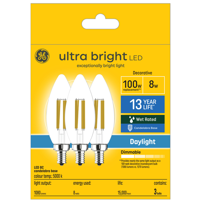 GE Ultra Bright Daylight 100W EQ LED Clear Decorative Blunt Tip E12 Base Light Bulbs - 5000K - 3-Pack