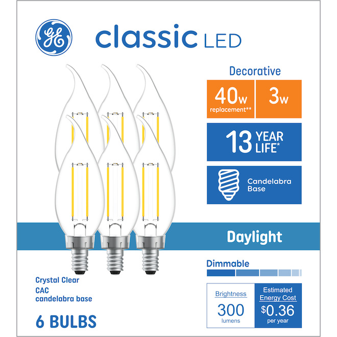 GE Classic 40W EQ Candelabra Base Clear LED Light Bulb - 6-Pack