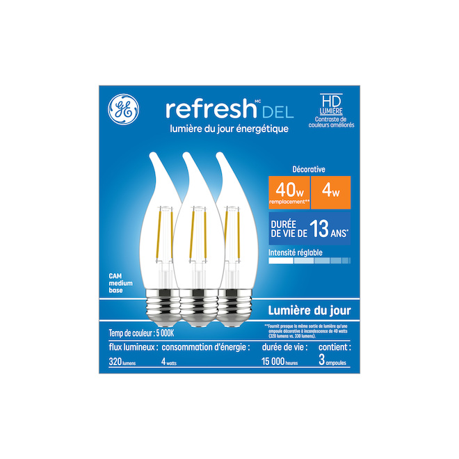 Ampoule DEL Refresh HD 40W EQ transparente à culot moyen et pointe courbée par GE Lighting, 5000K, 3/pqt