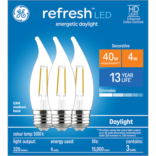 GE Lighting Refresh HD Daylight LED 40W EQ Medium Base Clear Bent Tip Bulb - 5000K -3-Pack