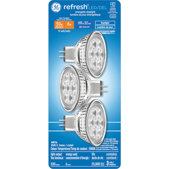 GE Refresh 50W EQ MR16 Energetic LED Bulb with GU5.3 Pin Base - 5000K - 3-Pack