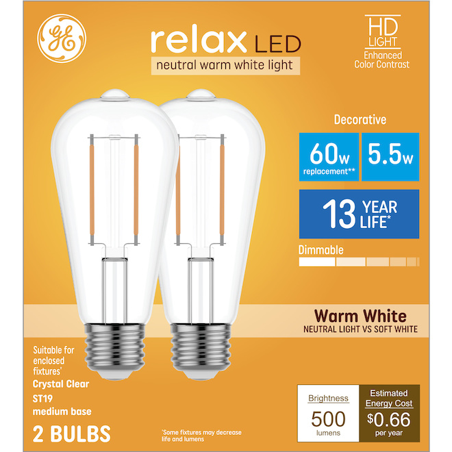 GE Lighting Relax HD 60W EQ ST19 Medium Base - Neutral Soft White - 2-Pack