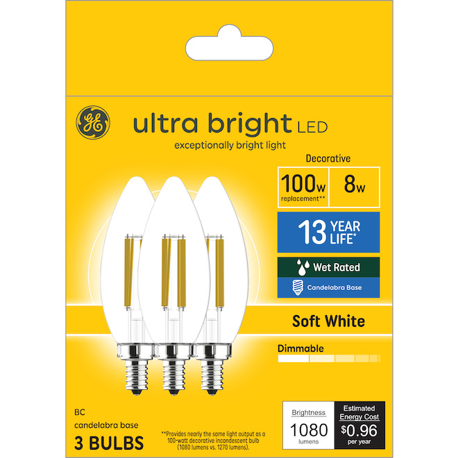 GE Lighting Ultra Bright 100W B11 Candelabra Base Soft White LED