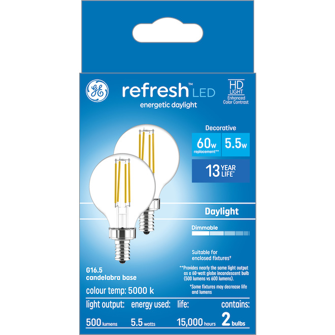 GE LIGHTING GE Refresh 60W EQ G16.5 Candelabra Base Light Bulb