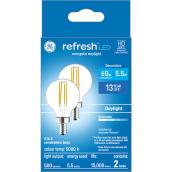 GE Refresh 60W EQ G16.5 Candelabra Base Light Bulb - 5000K - 2-Pack