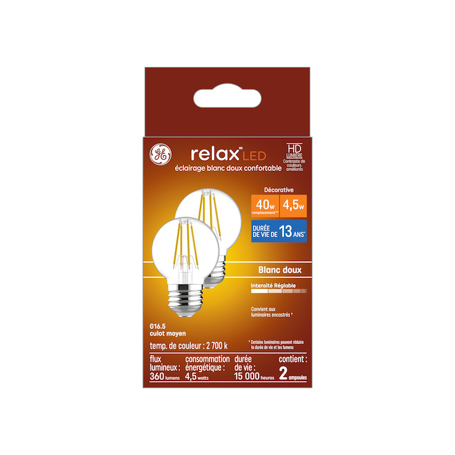 Ampoules transparentes de remplacement DEL blanc doux GE HD relax de 40 W pour éclairage d'intérieur courant (2/pqt)