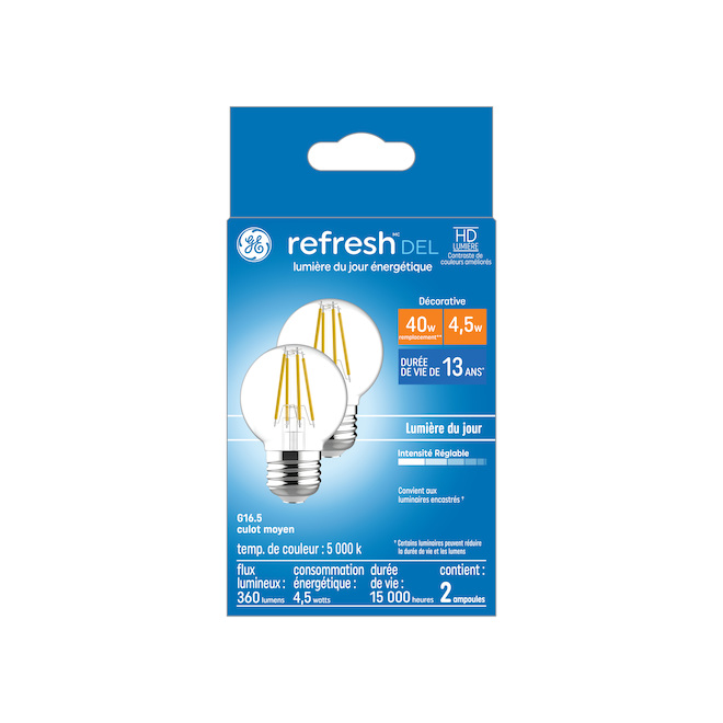 Ampoules de remplacement DEL lumière du jour HD Refresh GE 40W décoratives transparentes, culot moyen G16.5 (2/pqt)