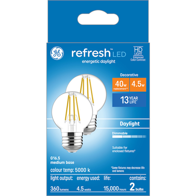 GE Refresh HD Daylight 40W Replacement LED Decorative Clear Globe Medium Base G16.5 Light Bulbs (2-Pack)