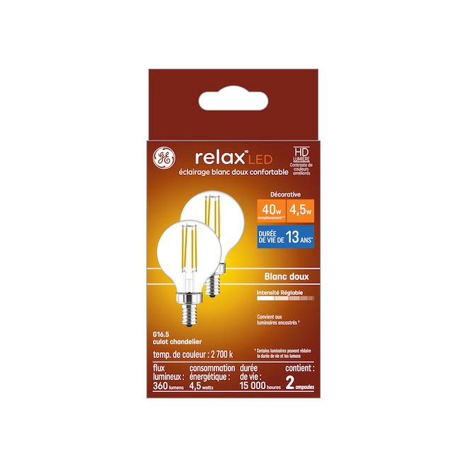 Ampoule DEL blanc doux G16.5 RLX 40W GE Lighting, paquet de 2