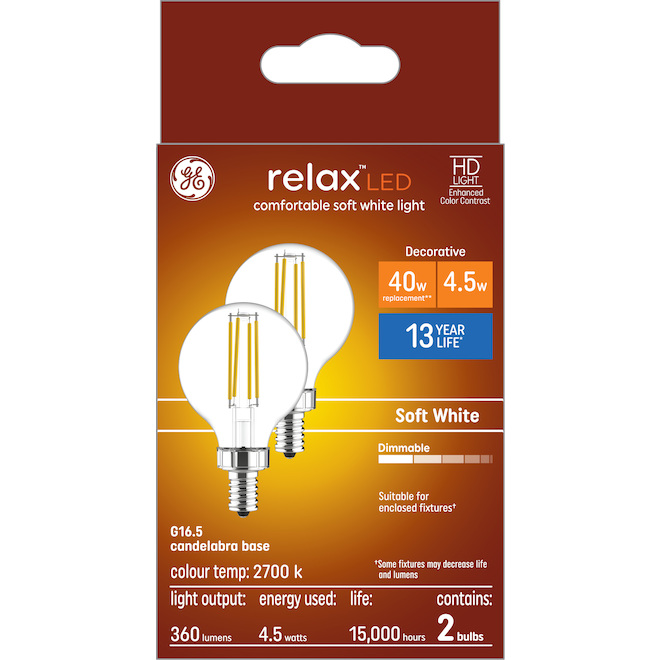 GE Lighting RLX G16.5 40W Soft White LED Bulb, 2-Pack