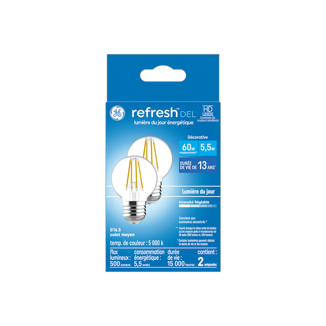 Ampoule DEL de jour G16.5 60W GE Lighting, paquet de 2