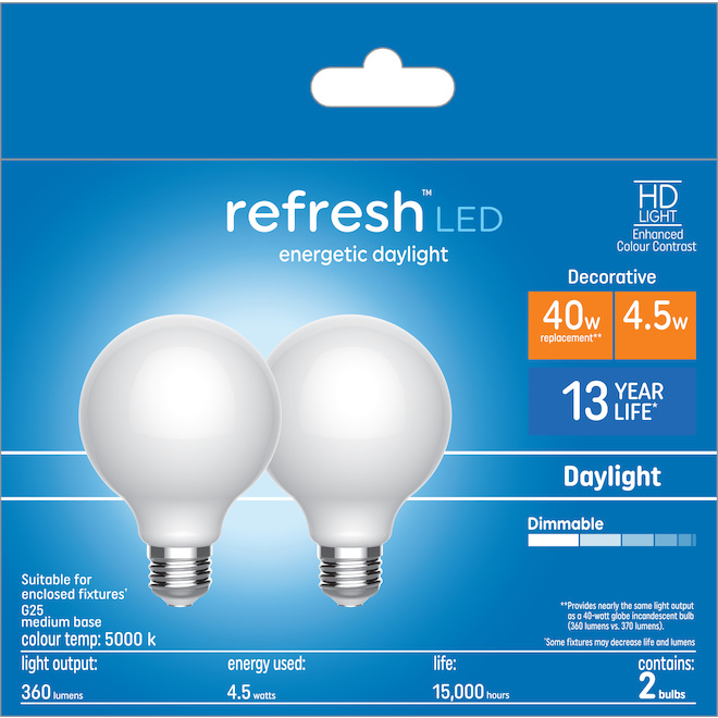 GE Lighting G25 40W Daylight LED Bulb, 2-Pack