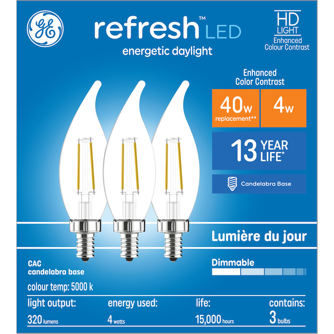 GE Lighting E12 40W Daylight Tip LED Bulb, 3-Pack