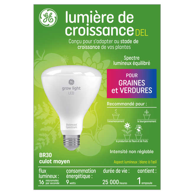 Ampoule de croissance DEL de GE à spectre de lumière équilibré, 9W, BR30, 1/pqt