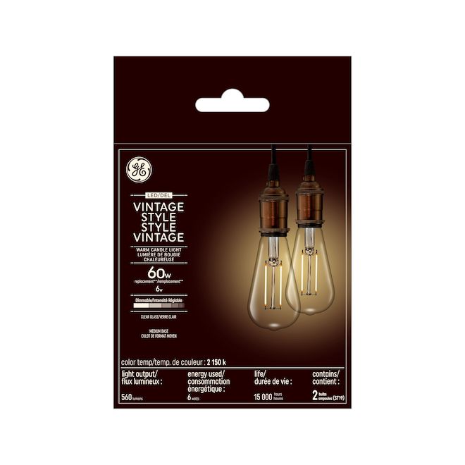 Ampoule DEL transparente ST19 style vintage de 60W GE Lighting, lumière de bougie chaleureuse, paquet de 2