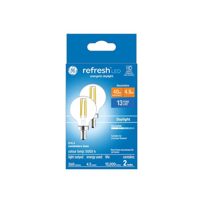 GE Lighting Refresh HD 40-W Daylight Candelabra Base G16 Decorative LED Globe Bulbs - 2/Pk