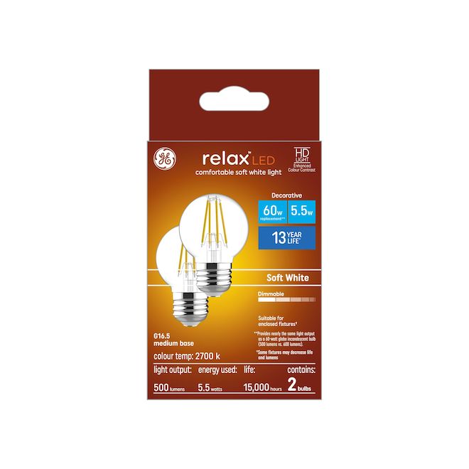 GE Lighting Relax HD 60-W Soft White Medium Base G16 LED Globe Bulbs - 2/Pk