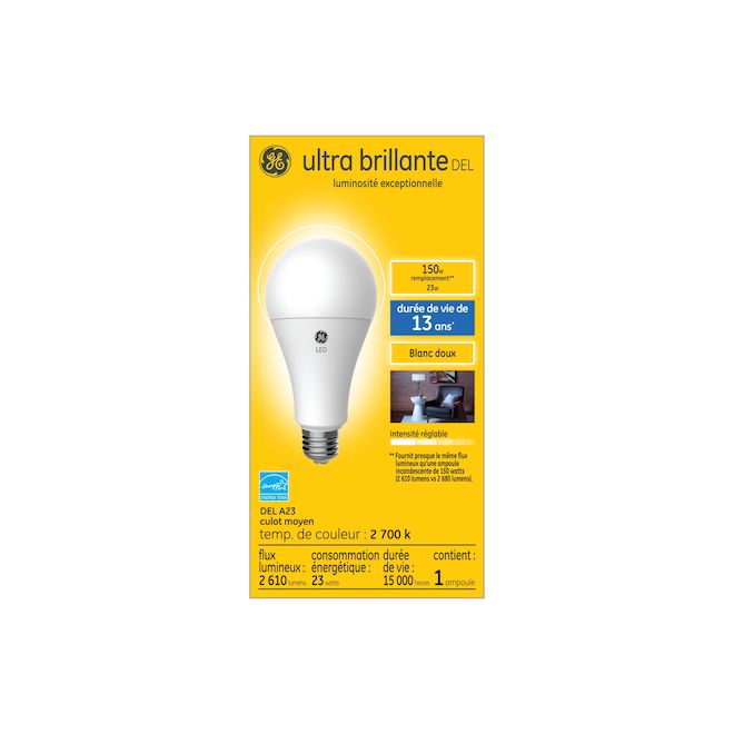 Ampoule DEL polyvalente A21 150 W de rechange blanc doux Ultra Bright de GE Ligthing à culot moyen, 1/pqt