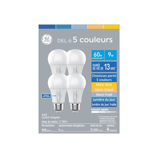 GE Lighting LED Bulb 60W A19 2700K 5 Colors 4/pk