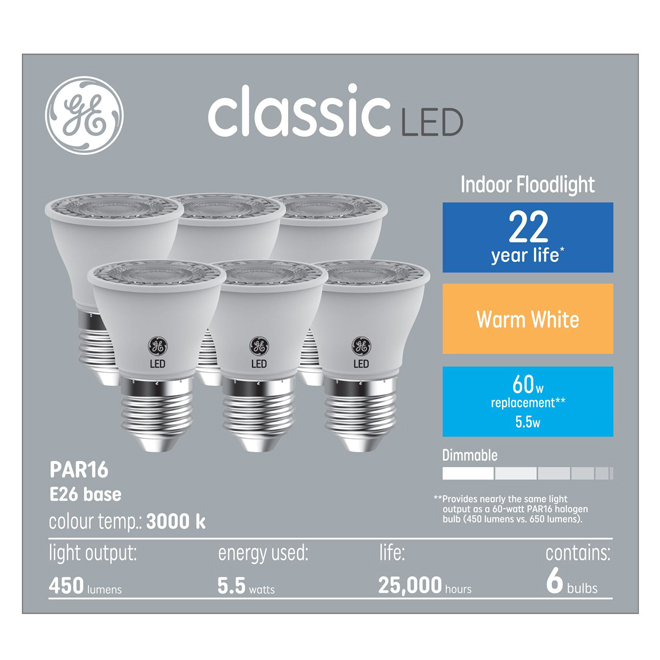 Ampoules classique DEL blanc chaud pour projecteur d'intérieur PAR16 GE, 6/pqt