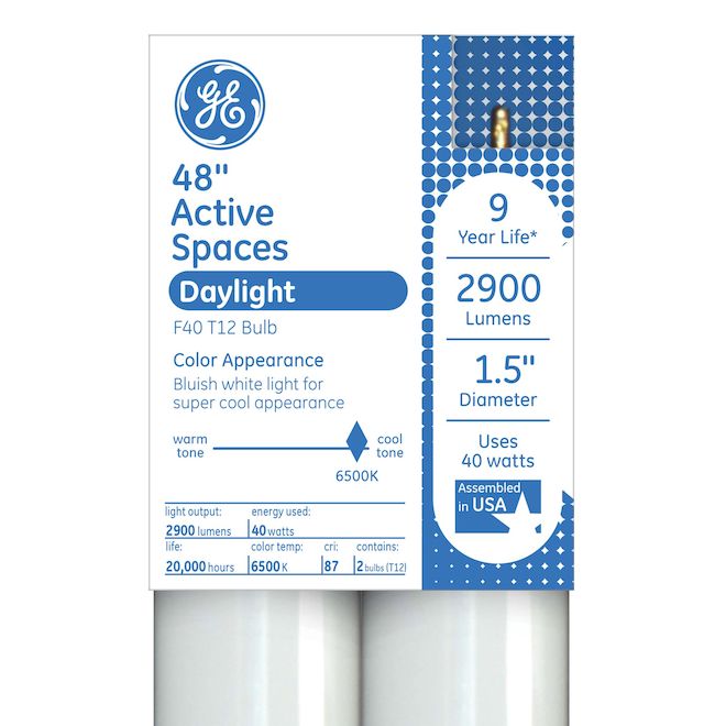 GE Lighting 40 W T12 48-in Daylight 6500 K Fluorescent Light Bulbs with G13 Base - 2/Pk