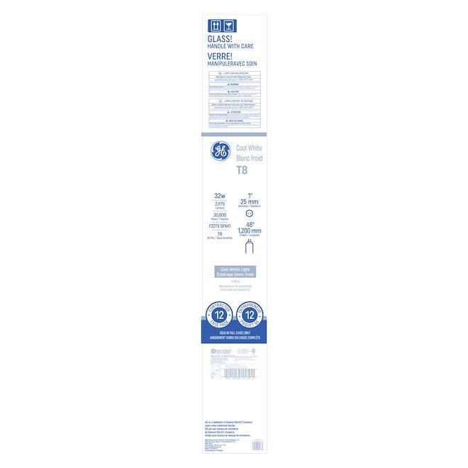 GE Lighting 32 W T8 48-in Cool White 4100 K Fluorescent Light Bulbs with G13 Base - 12/Pk