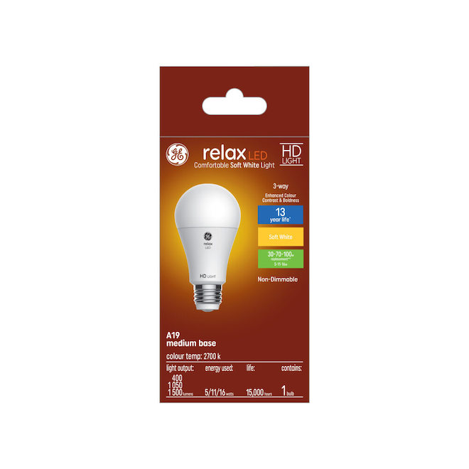 GE Lighting Relax HD 30-70-100-W 3-Way Soft White Medium-Base A19 LED Light Bulb - 1/Pk