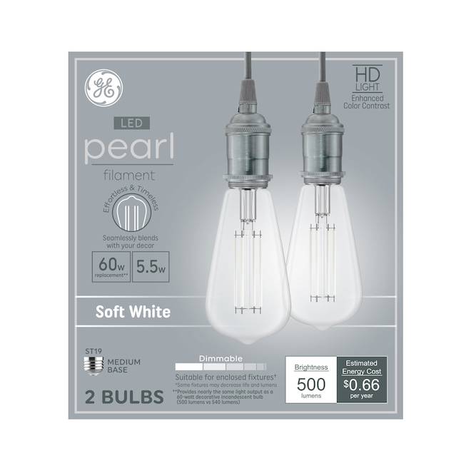 GE HD Light Pearl Decorative LED Light Bulb with Filament 60 W - Soft White - Pack of 2